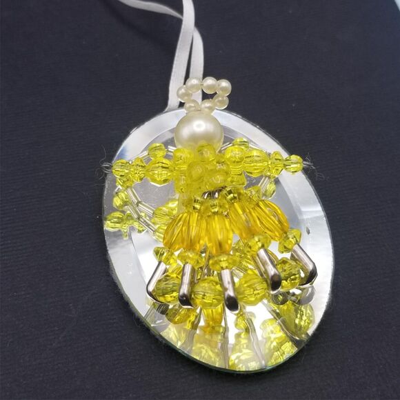 Vintage Beaded Angel Yellow Ornament Mirror 3" Pearl Handmade with Safety Pins - Picture 5 of 6